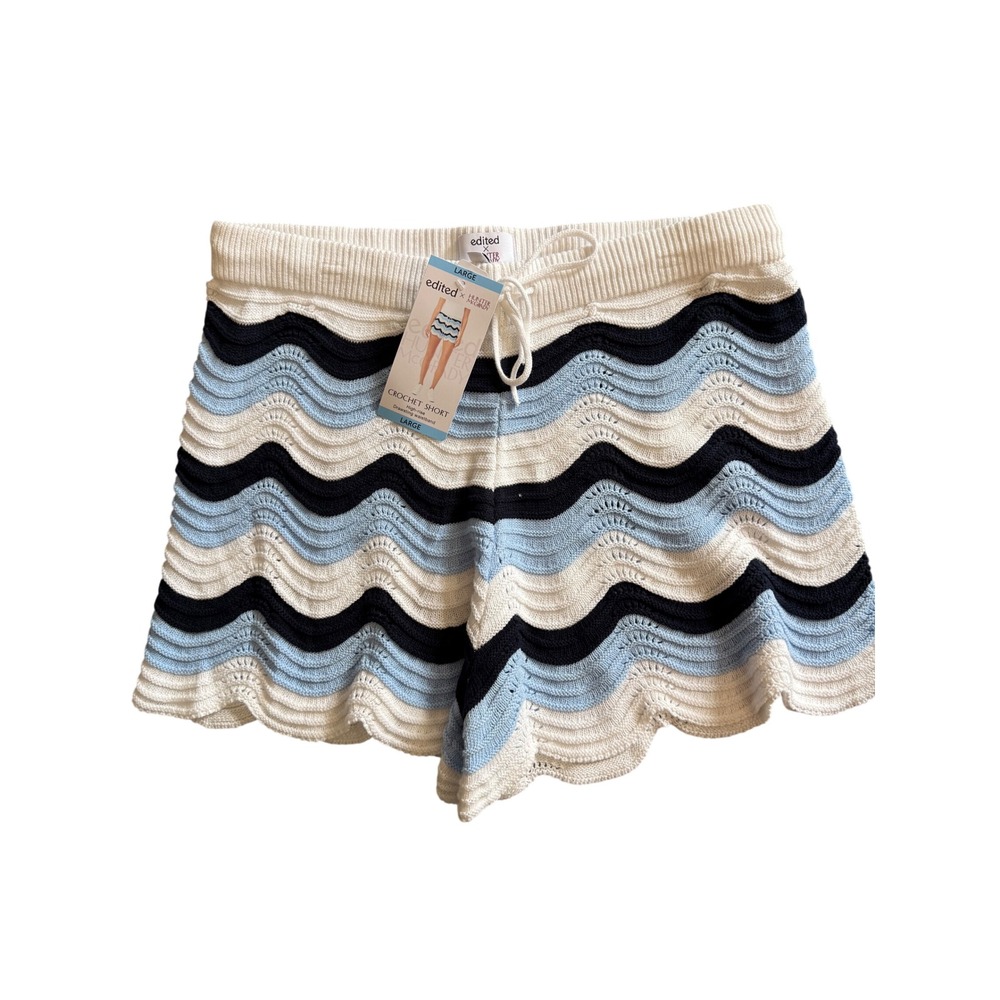 Edited x Hunter McGrady Crochet Shorts Blue White Chevron Wave Knit NWT Large